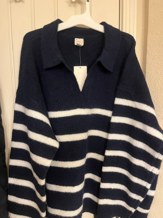 A New Day Sweaters - A New Day Striped Collared Sweater Navy White 1X